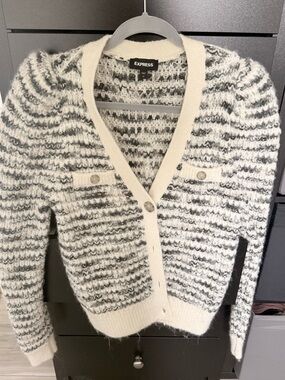 Express Cream and Gray Striped Knit V-Neck Cardigan